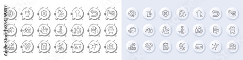 Quick tips, App settings and Deflation line icons. White pin 3d buttons, chat bubbles icons. Pack of Undo, Packing boxes, Loyalty points icon. Fraud, Loyalty gift, Shopping trolley pictogram. Vector