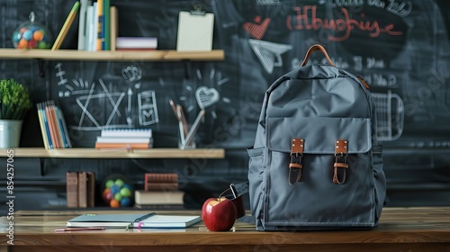 concept of education, stationery on the school table. Back to school, with school supplies, an apple, old books and a backpack on a wooden table above the blackboard. AI generated illustration