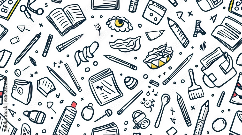 School supplies seamless pattern. Education accessories pencil and pen notebook black line doodle cartoon isolated on white background creative design textile. AI generated illustration
