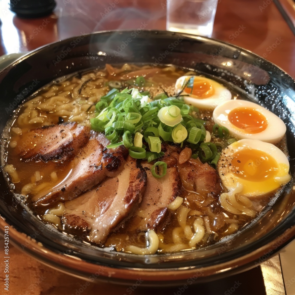 Delicious Steaming Bowl of Ramen with Sliced Pork, Boiled Egg, and Green Onions in Rich Broth Delicious Steaming Bowl of Ramen with Sliced Pork, Boiled Egg, and Green Onions in Rich Broth