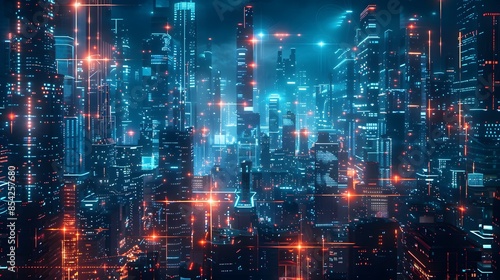 Night city Cyber punk landscape concept. Light glowing on dark scene. Night life. Technology network for 5g. Beyond generation and futuristic of Sci-Fi Capital city and building scene.