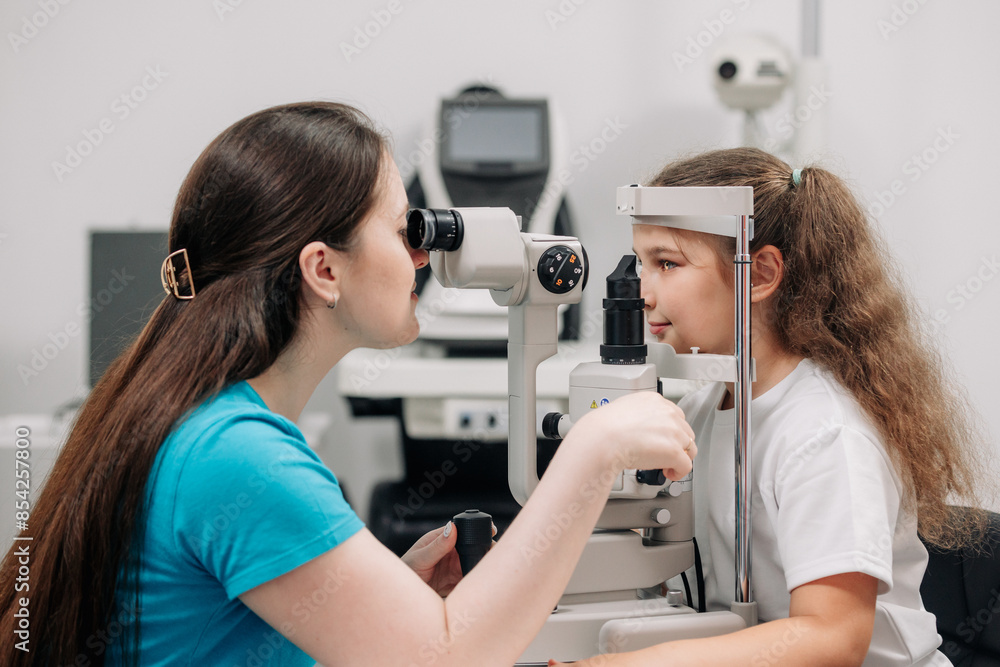 Examination of the child using a slit lamp. Microscope and focused light source. A device for high-precision examination of the eye to determine the condition of the lens. Examination of the child using a slit lamp. Microscope and focused light source. A device for high-precision examination of the eye to determine the condition of the lens.