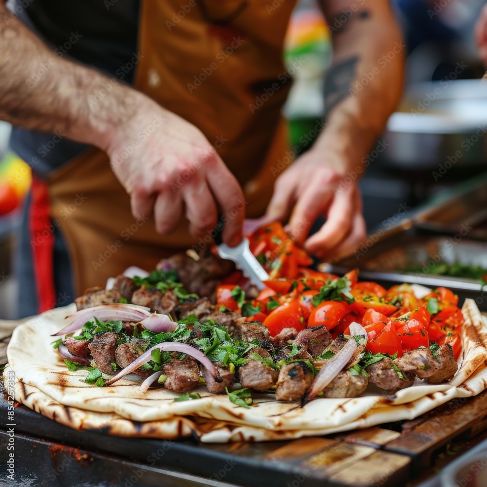 Skilled Street Vendor Cooking Delicious Kebab Wrap with Grilled Meat and Fresh Vegetables Skilled Street Vendor Cooking Delicious Kebab Wrap with Grilled Meat and Fresh Vegetables