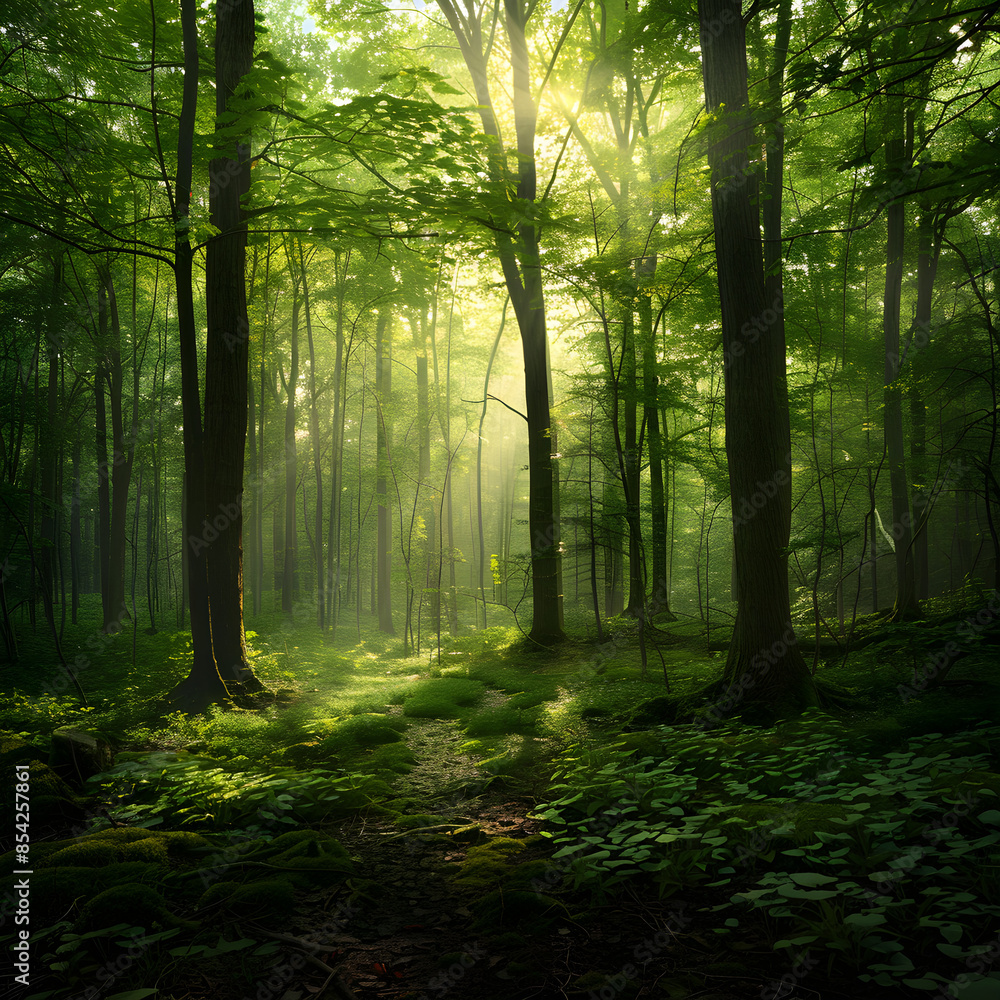 Early Morning Serenity in a Lush Forest with Sunlight Filtering Through the Tall Trees and a Meandering Path Early Morning Serenity in a Lush Forest with Sunlight Filtering Through the Tall Trees and a Meandering Path
