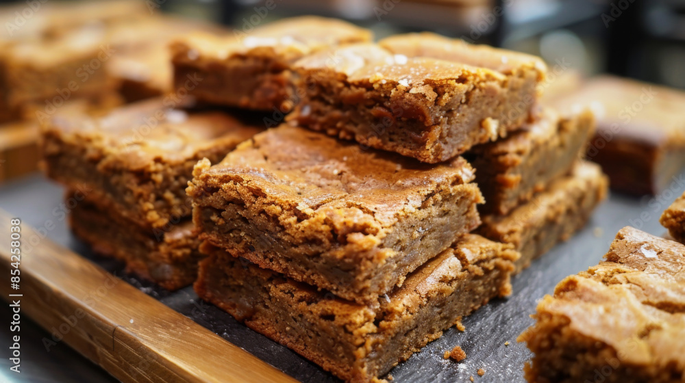 A close-up of homemade blondies stacked on a wooden board, showcasing their golden brown texture and rich flavor. A close-up of homemade blondies stacked on a wooden board, showcasing their golden brown texture and rich flavor.