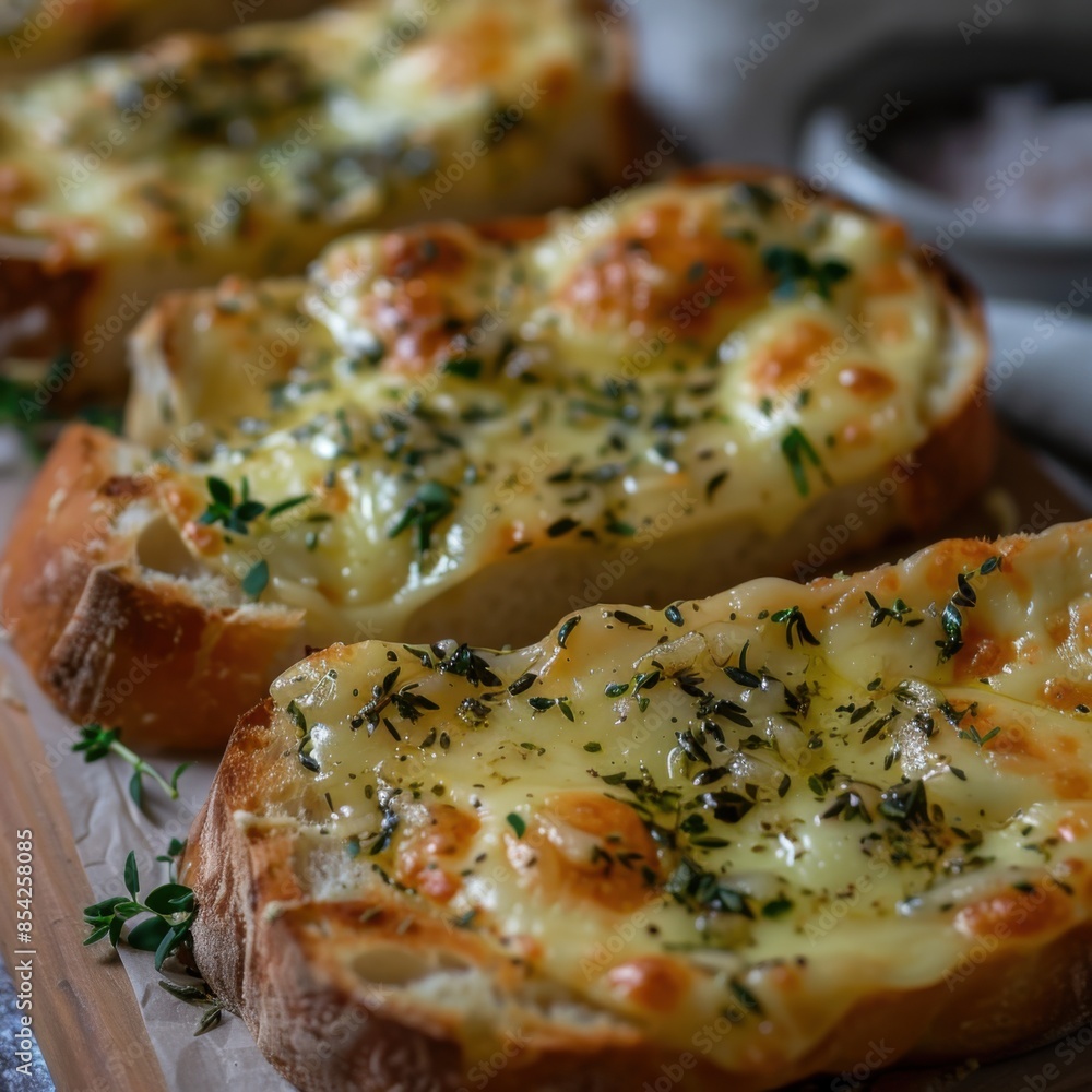 Melty Cheese and Garlic Butter Herb Bread Slice Close-Up Shot Melty Cheese and Garlic Butter Herb Bread Slice Close-Up Shot
