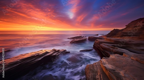Long exposure panorama of a rocky beach at sunset, South Australia