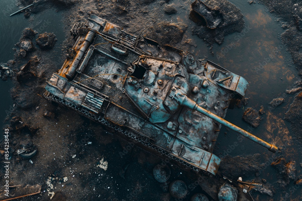 Rusted tank amidst war-torn terrain, dramatic battlefield scene concept Rusted tank amidst war-torn terrain, dramatic battlefield scene concept