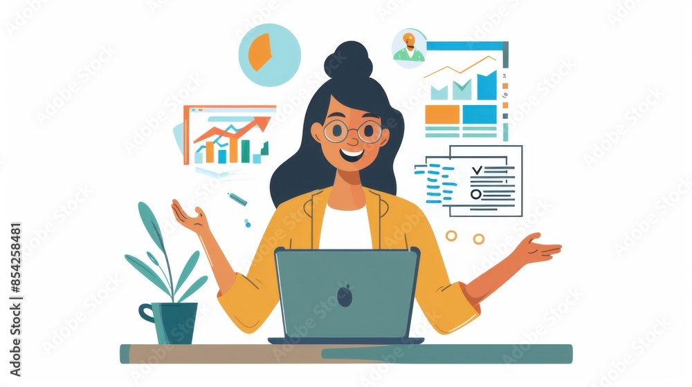 Smiling businesswoman presenting positive financial report on laptop screen in office Smiling businesswoman presenting positive financial report on laptop screen in office