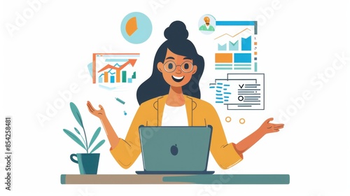 Smiling businesswoman presenting positive financial report on laptop screen in office