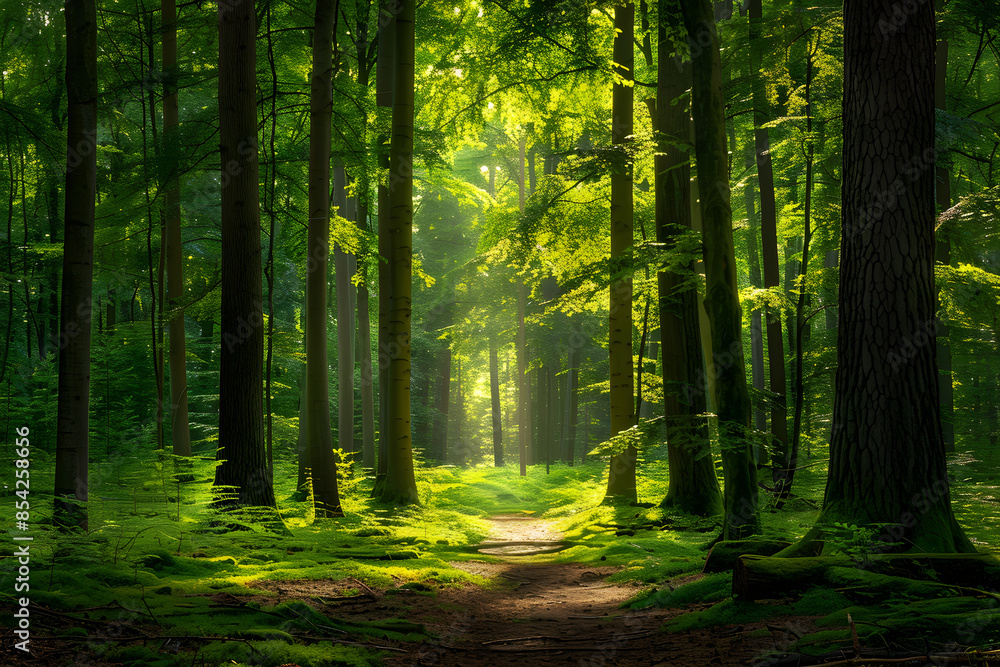Fototapeta premium Early Morning Serenity in a Lush Forest with Sunlight Filtering Through the Tall Trees and a Meandering Path