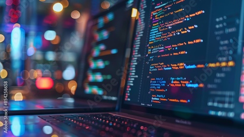 Wallpaper Mural Technology of Software development, web design, programming concept. Program code on screen laptop, phone, code of program, data, interface elements on screen laptop. Software development Tech Banner Torontodigital.ca