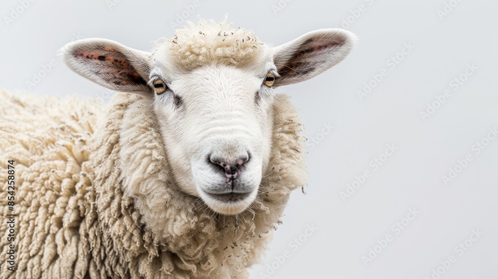 A white sheep chewing while facing the camera on a plain white background A white sheep chewing while facing the camera on a plain white background