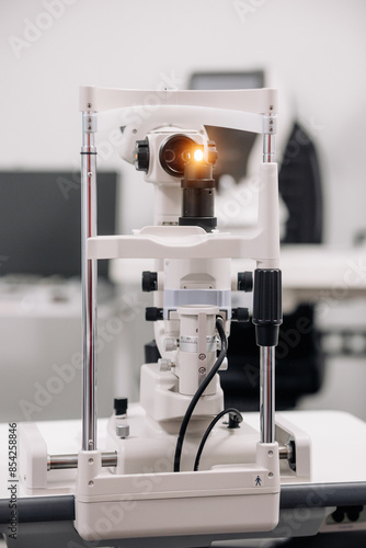 The concept of new ophthalmological and modern technologies, diagnostics and vision treatment. Interior of a modern ophthalmology clinic with modern equipment.