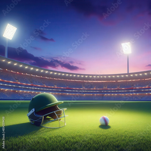 Cricket helmet and bat on grass of cricket stadium. View of cricket stadium at twilight. Rows of empty sricket staeats,  floodlights. Asia's most popular sport