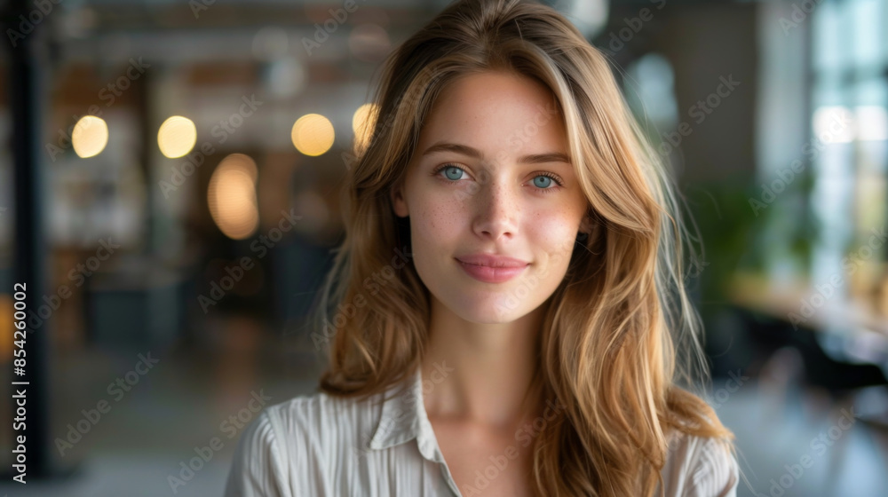 Portrait of a young woman with long hair smiling confidently in a modern, well-lit office environment. Portrait of a young woman with long hair smiling confidently in a modern, well-lit office environment.