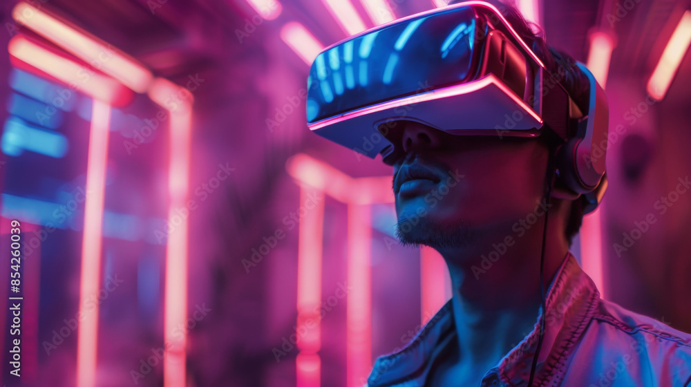 Man experiencing virtual reality using a VR headset, surrounded by vibrant neon lights and futuristic ambiance. Man experiencing virtual reality using a VR headset, surrounded by vibrant neon lights and futuristic ambiance.