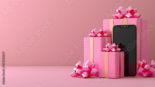 Gift boxes with smartphone. 3d vector illustration