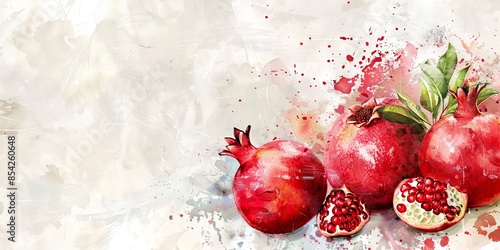 Vibrant pomegranate surrounded by splashes of watercolor, background, copy space, healthy eating concept