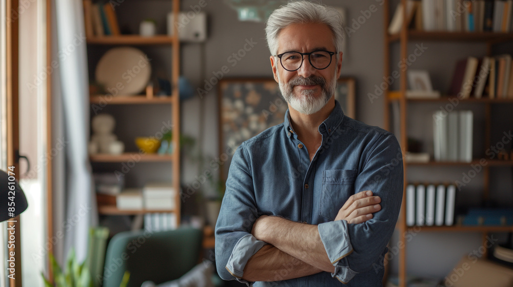 Portrait of a scary gray-haired man standing in a home office, crossing his arms on his chest and looking confidently and smiling at the camera Portrait of a scary gray-haired man standing in a home office, crossing his arms on his chest and looking confidently and smiling at the camera