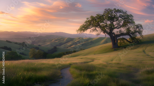 Tranquil Countryside Sunset: Majestic Oak Tree and Rolling Hills with a Winding Path