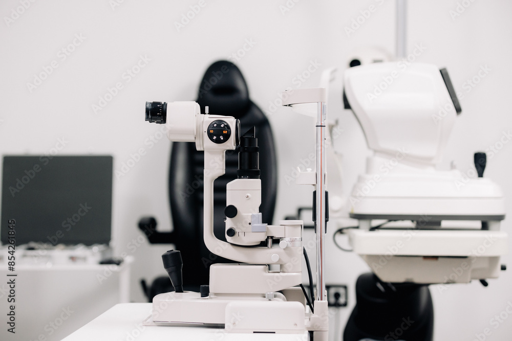 The concept of new ophthalmological and modern technologies, diagnostics and vision treatment. Interior of a modern ophthalmology clinic with modern equipment. The concept of new ophthalmological and modern technologies, diagnostics and vision treatment. Interior of a modern ophthalmology clinic with modern equipment.