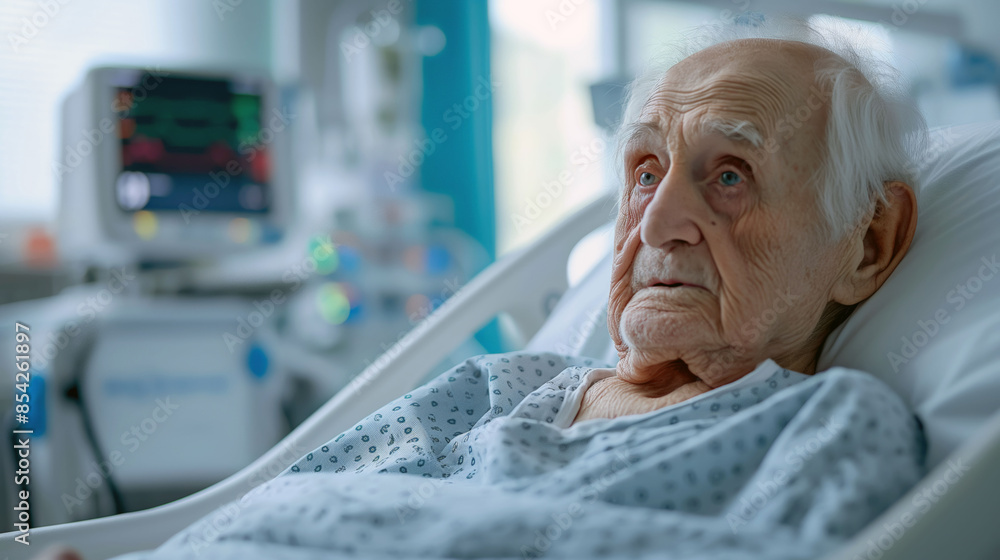 An elderly man lying in a hospital bed, looking thoughtfully into the distance. Medical equipment is visible in the background, indicating a hospital setting. An elderly man lying in a hospital bed, looking thoughtfully into the distance. Medical equipment is visible in the background, indicating a hospital setting.