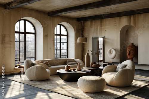 Scandinavian Copenhagen apartment with linen textures, embodying minimalist elegance. The space is designed for peace, featuring a serene, clutter-free environment with a focus on simplicity and intri