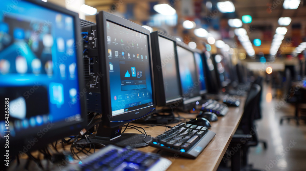 Several desktop computers arranged in a row in a busy office environment, highlighting a modern workspace setup. Several desktop computers arranged in a row in a busy office environment, highlighting a modern workspace setup.