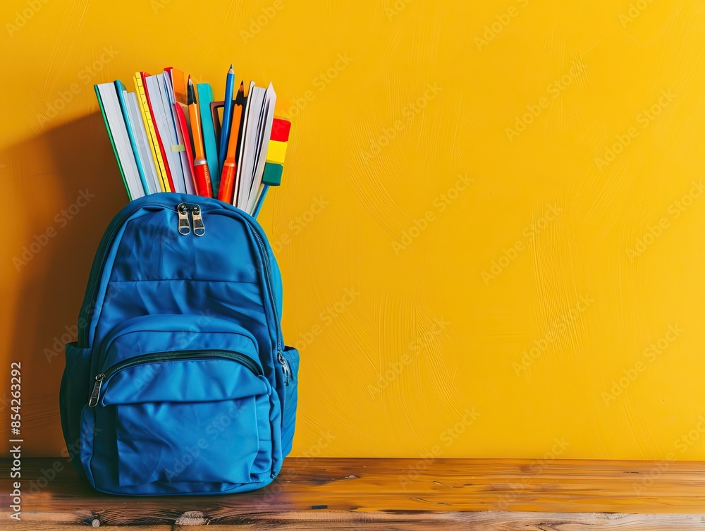 Backpack with school stationery on wooden table against color background, space for text. AI generated illustration Backpack with school stationery on wooden table against color background, space for text. AI generated illustration