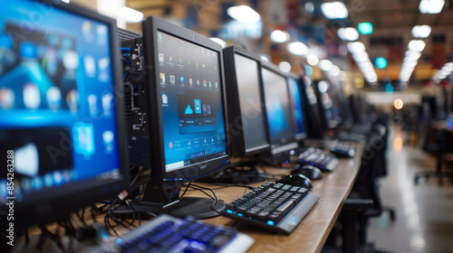 Several desktop computers arranged in a row in a busy office environment, highlighting a modern workspace setup.