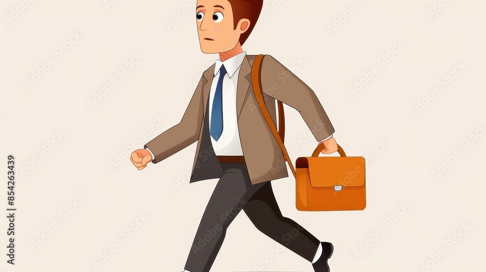 Cartoon illustration of a businessman in a suit carrying a briefcase, walking with purpose towards the right of the frame Cartoon illustration of a businessman in a suit carrying a briefcase, walking with purpose towards the right of the frame