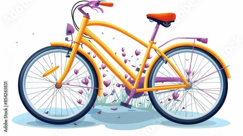 Artistic illustration showing a yellow bike with a simple background adorned with purple flowers © Dragana