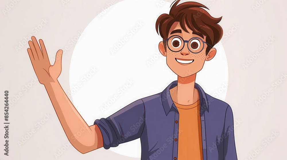 Character with raised arm in a welcoming gesture, wearing a casual outfit with blurred facial features, communicating friendliness Character with raised arm in a welcoming gesture, wearing a casual outfit with blurred facial features, communicating friendliness