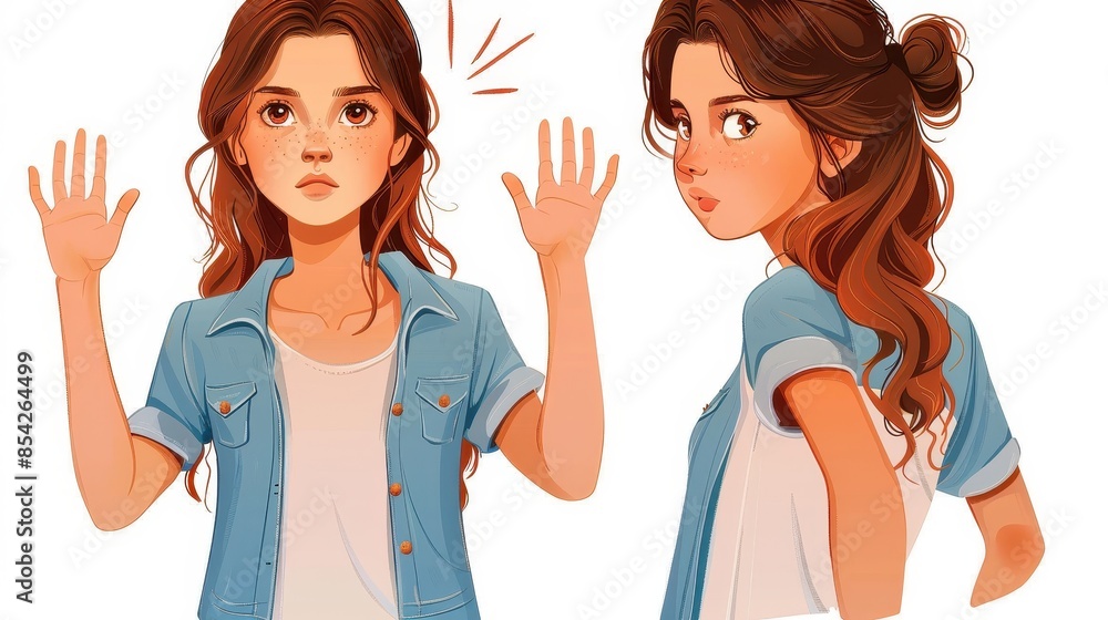 Striking image of a young girl with hands up in a stop gesture, showcasing a serious and assertive demeanor Striking image of a young girl with hands up in a stop gesture, showcasing a serious and assertive demeanor