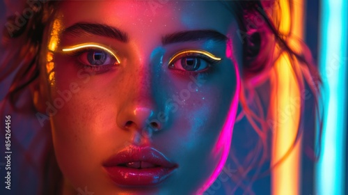 Futuristic Woman Illuminated by Neon Lights