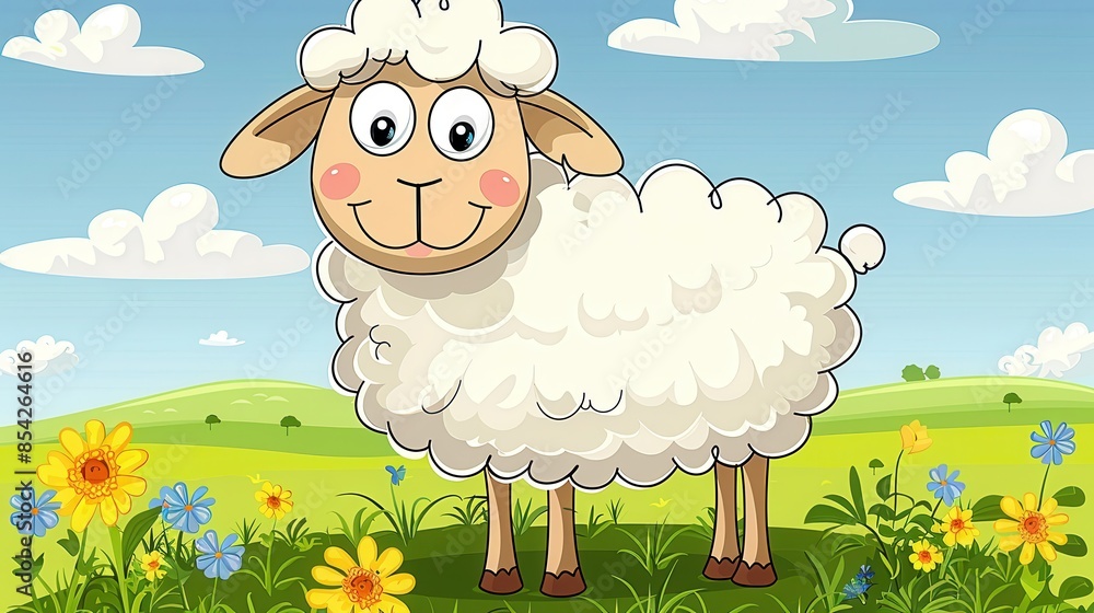 A cheerful cartoon sheep stands in a sunny meadow full of flowers in a simple, cute style A cheerful cartoon sheep stands in a sunny meadow full of flowers in a simple, cute style