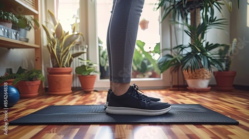 A woman is standing on a mat in a room with plants. She is wearing black shoes and grey pants