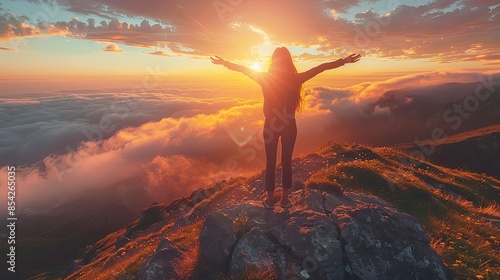 A woman is standing on a mountain top, with the sun shining brightly on her. Concept of freedom and joy, as the woman is embracing the beauty of nature and the warmth of the sun photo