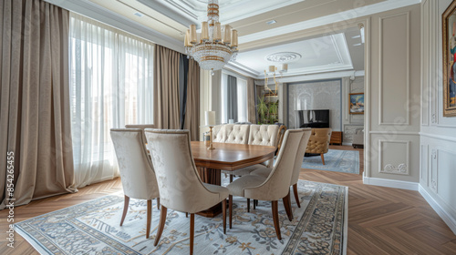 Luxurious classic dining room featuring a chandelier  beige chairs  and large windows with curtains  offering a refined ambiance.