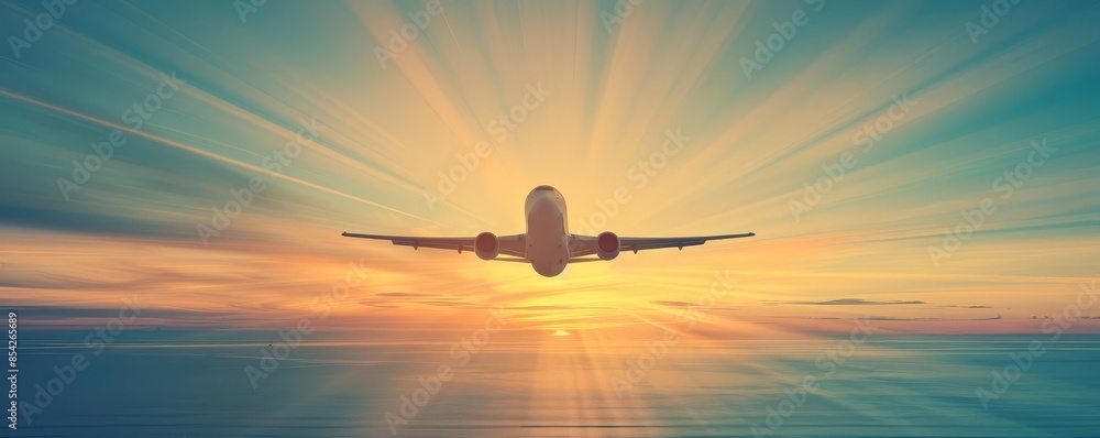 Flat design of an airplane flying over the ocean with blurred motion Flat design of an airplane flying over the ocean with blurred motion