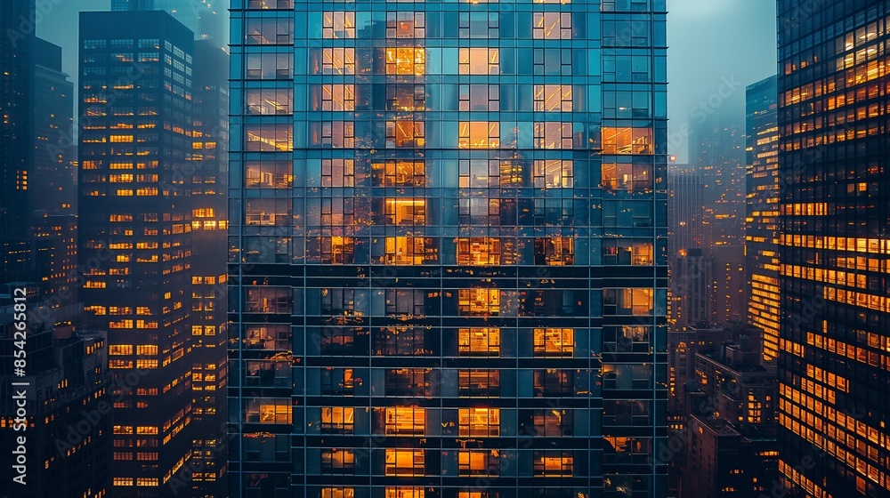 Obraz premium Skyscraper at dusk with illuminated windows. High-rise building with glowing lights, symbolizing urban life and evening activities in a bustling city. Perfect for real estate, business