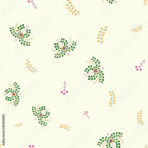 seamless repeat pattern with unique colorful floral motif on a cream background perfect for fabric, scrap booking, wallpaper, gift wrap projects