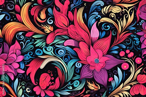 Acrylic paint pattern, seamless, design, floral, vector, illustration, wallpaper, flower, art, ornament, decoration, vintage, pink, paisley, decor, backdrop, retro, fabric, circle, leaf, nature, texti