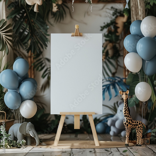 **A photo of a blank white vertical poster placed on an easel, with the poster measuring 24 inches in height and 18 inches in width. On the right and left of the poster, there are safari animal decora photo