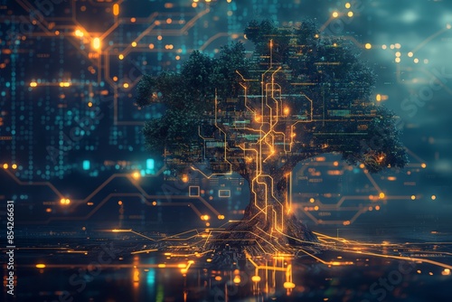 Intelligent technology tree in digital landscape. A fascinating blend of nature and advanced technology visualizing artificial intelligence, blockchain, and innovative solutions.