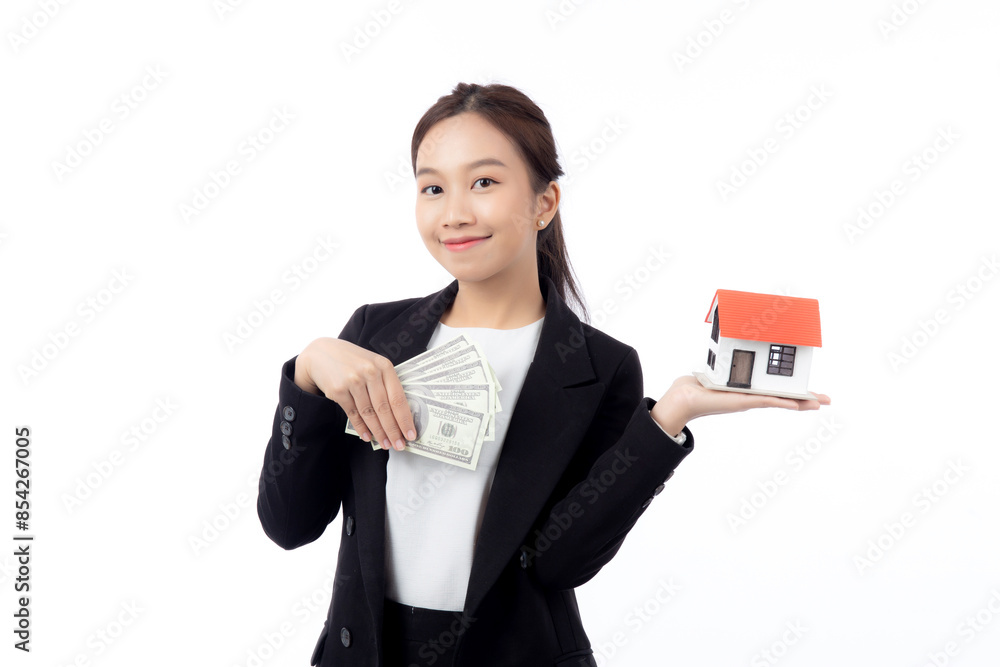 Portrait young asian businesswoman holding house and money for mortgage isolated white background, agent insurance business woman holding home for investment and presenting, business and finance. Portrait young asian businesswoman holding house and money for mortgage isolated white background, agent insurance business woman holding home for investment and presenting, business and finance.