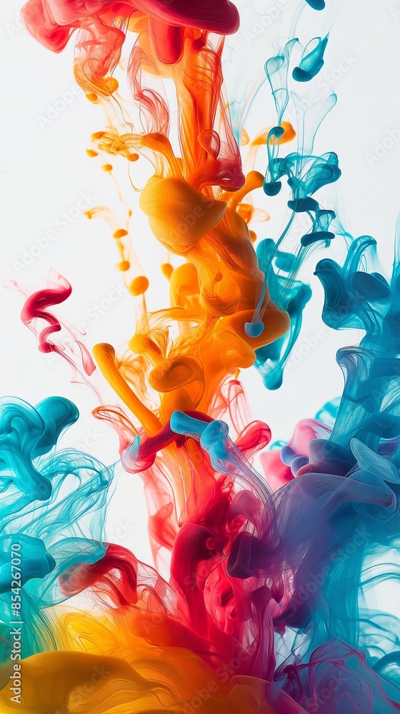 Fototapeta premium Colorful fluid art explosion. A dynamic blend of blue, red, and orange hues in abstract shapes and swirls on a white background representing creativity and energy. Ideal for design projects