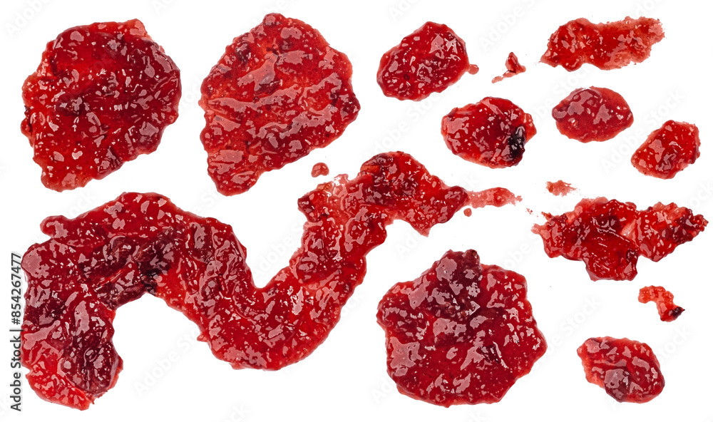 Stains and splashes of fruit jam isolated on white background, top view Stains and splashes of fruit jam isolated on white background, top view