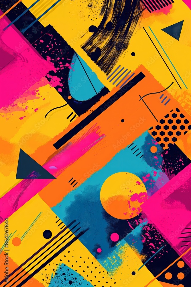 Colorful abstract geometric pattern. A vibrant design with various shapes and textures, showcasing bold colors and modern art. Ideal for backgrounds, posters, and graphic design projects Colorful abstract geometric pattern. A vibrant design with various shapes and textures, showcasing bold colors and modern art. Ideal for backgrounds, posters, and graphic design projects
